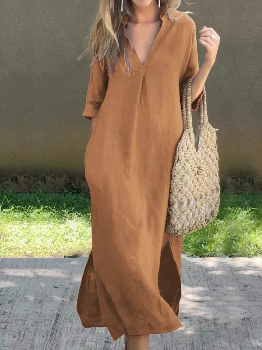 Janela - Vestido de media manga con escote en V profundo, cómodo y holgado