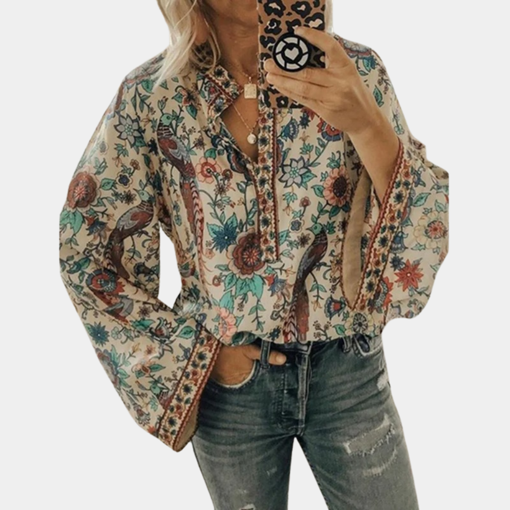 Nikayla - Elegante blusa de manga larga con farolillo floral