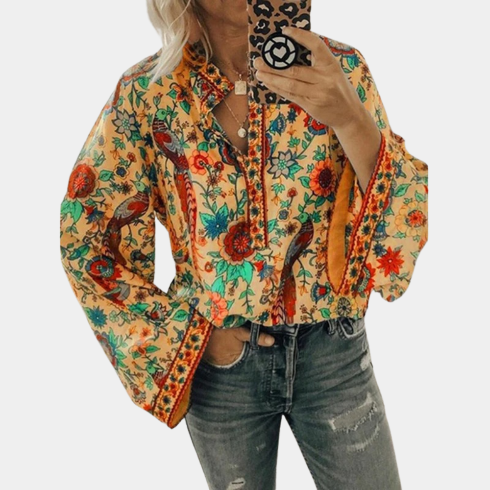 Nikayla - Elegante blusa de manga larga con farolillo floral