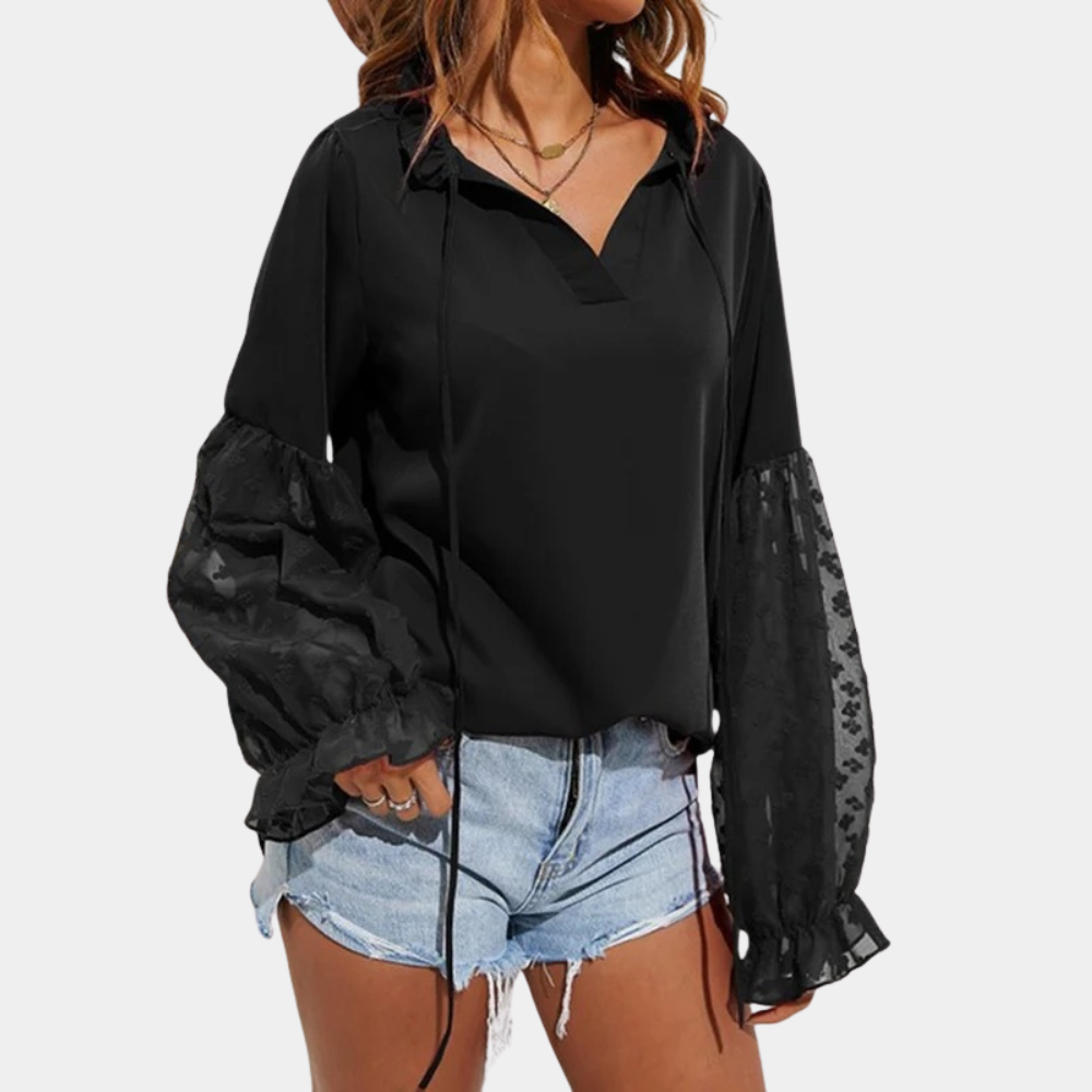 Xamira - Elegante blusa suelta de manga farol con cuello anudado
