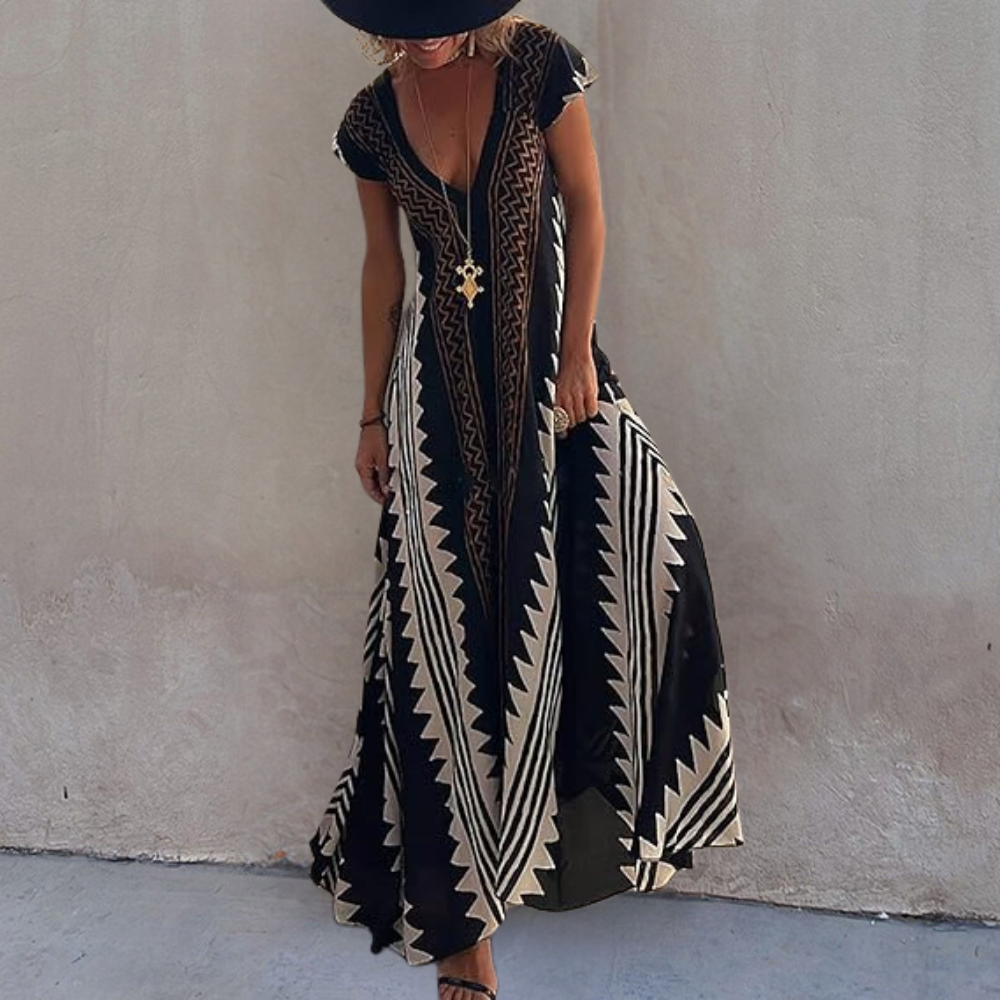 Keziah - Elegante maxivestido bohemio con estampado geométrico