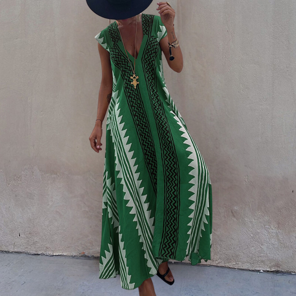 Keziah - Elegante maxivestido bohemio con estampado geométrico