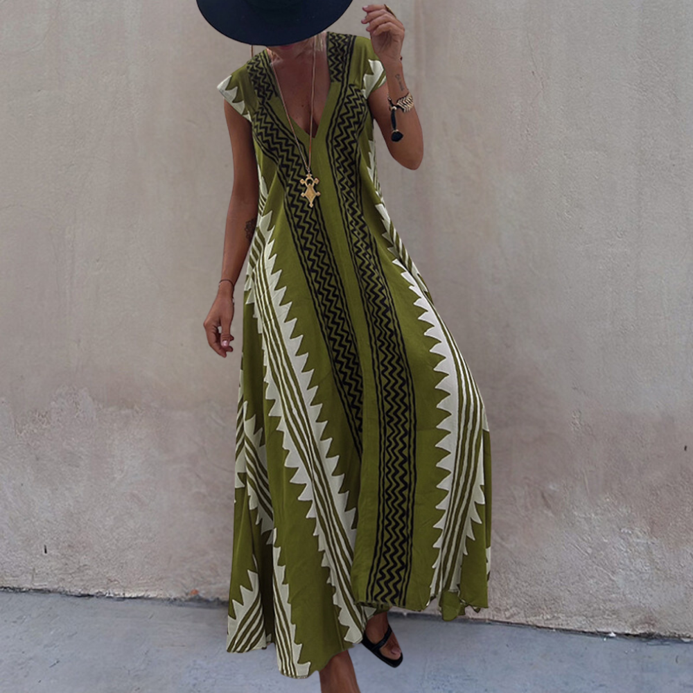 Keziah - Elegante maxivestido bohemio con estampado geométrico
