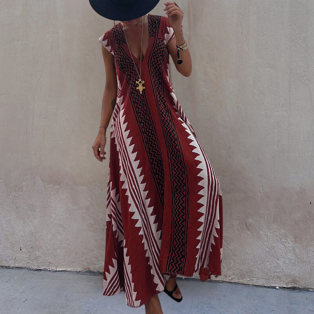 Keziah - Elegante maxivestido bohemio con estampado geométrico