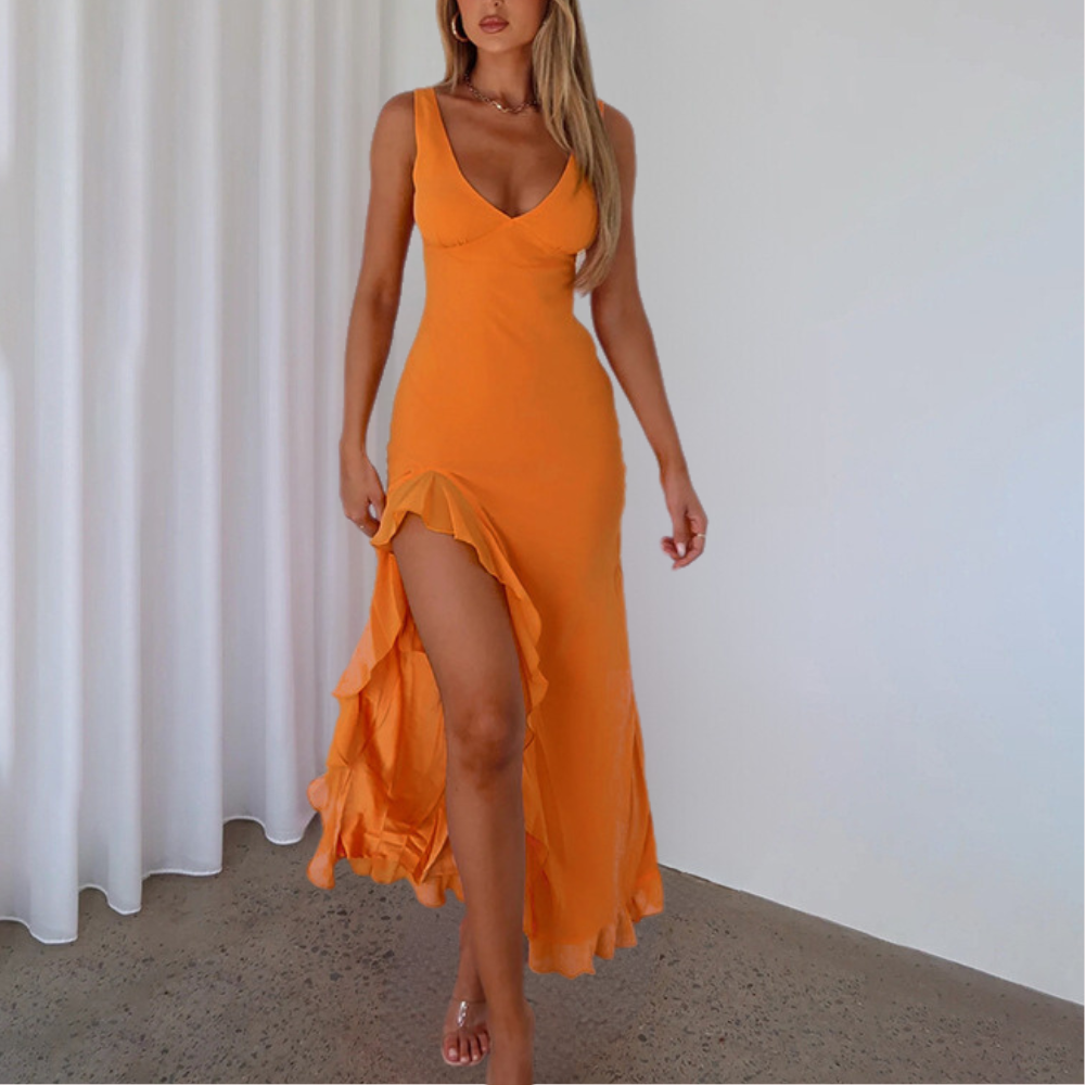 Mariella - Elegante vestido sin mangas con cuello en V profundo, abertura y volantes