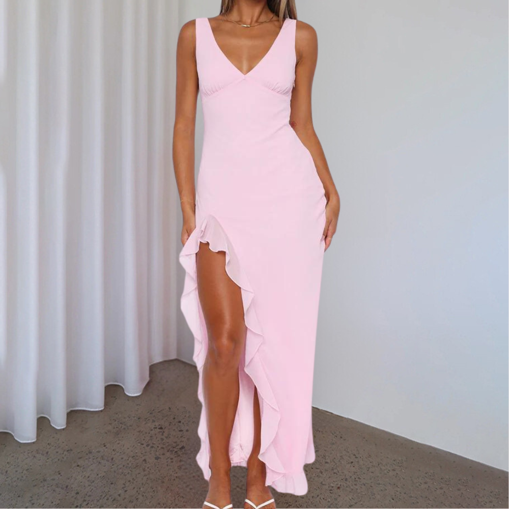 Mariella - Elegante vestido sin mangas con cuello en V profundo, abertura y volantes