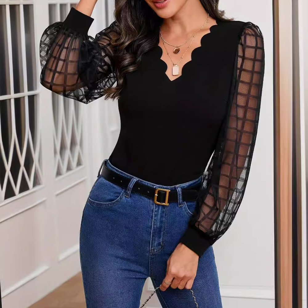 Stephanie - Elegante blusa de encaje de manga larga y escote en pico