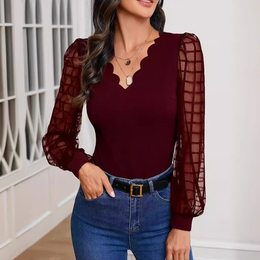 Stephanie - Elegante blusa de encaje de manga larga y escote en pico