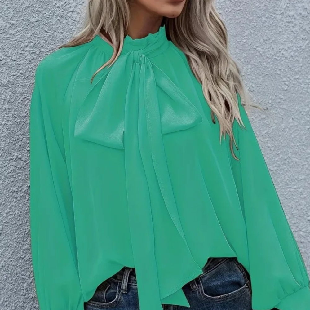 Yvessa - Elegante blusa suelta de cuello alto y manga larga