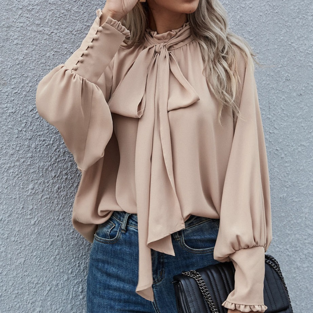 Yvessa - Elegante blusa suelta de cuello alto y manga larga