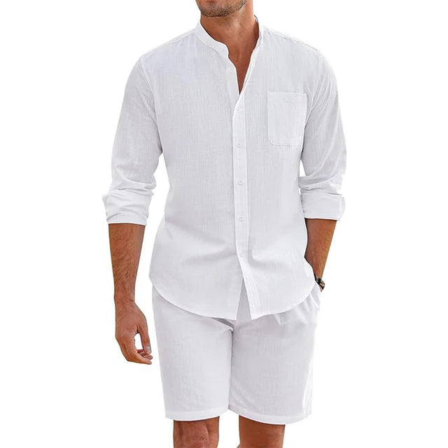 Lemuel - Elegante y cómodo conjunto de camisa de manga larga abotonada y pantalón corto