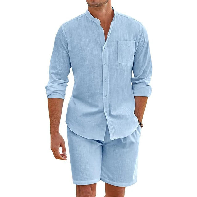 Lemuel - Elegante y cómodo conjunto de camisa de manga larga abotonada y pantalón corto