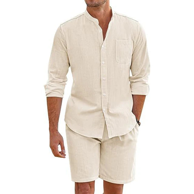 Lemuel - Elegante y cómodo conjunto de camisa de manga larga abotonada y pantalón corto