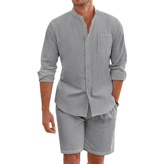 Lemuel - Elegante y cómodo conjunto de camisa de manga larga abotonada y pantalón corto