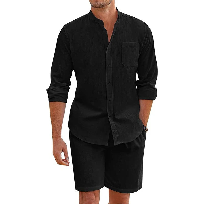 Lemuel - Elegante y cómodo conjunto de camisa de manga larga abotonada y pantalón corto
