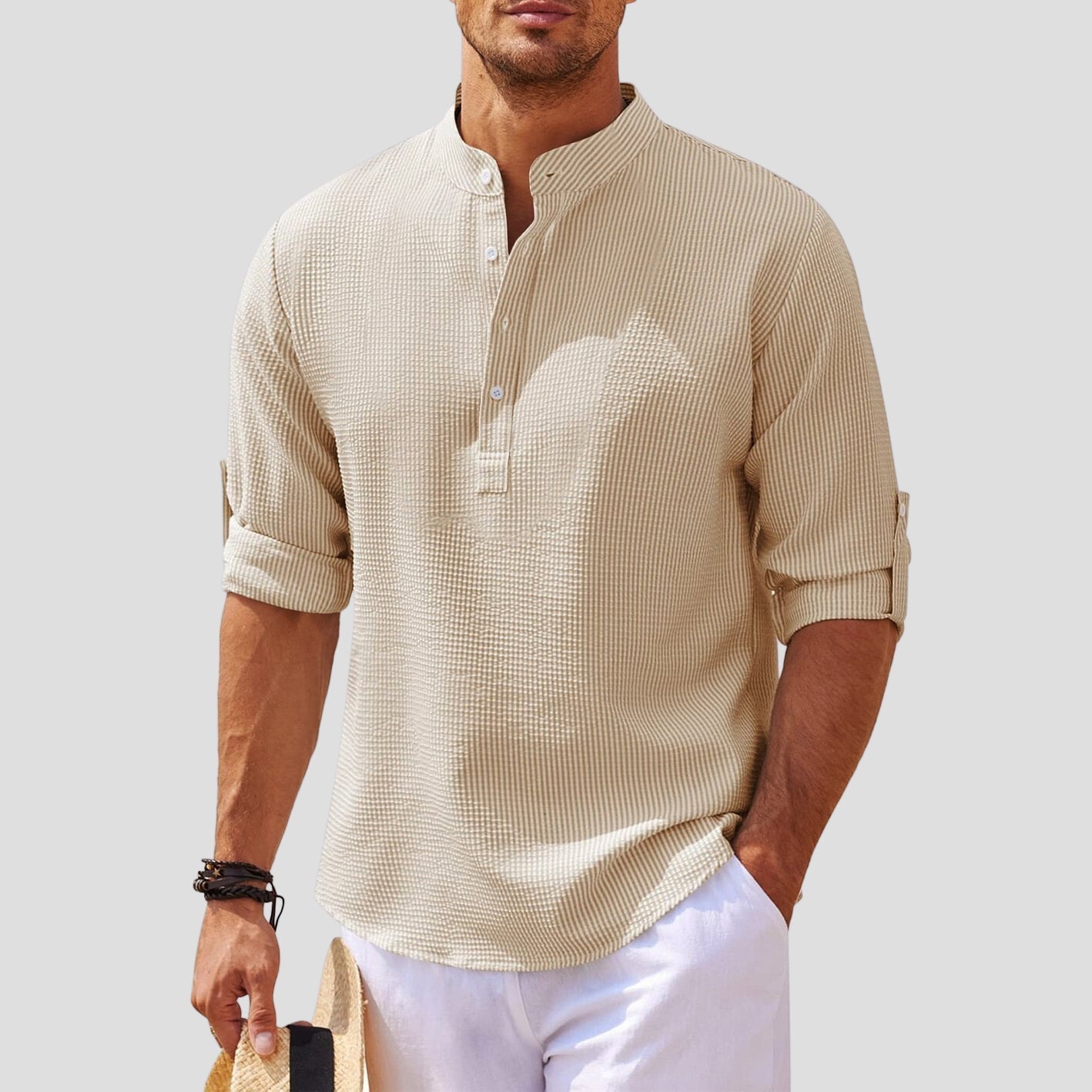 Jomar - Elegante camisa de manga larga con cuello mandarín y botones