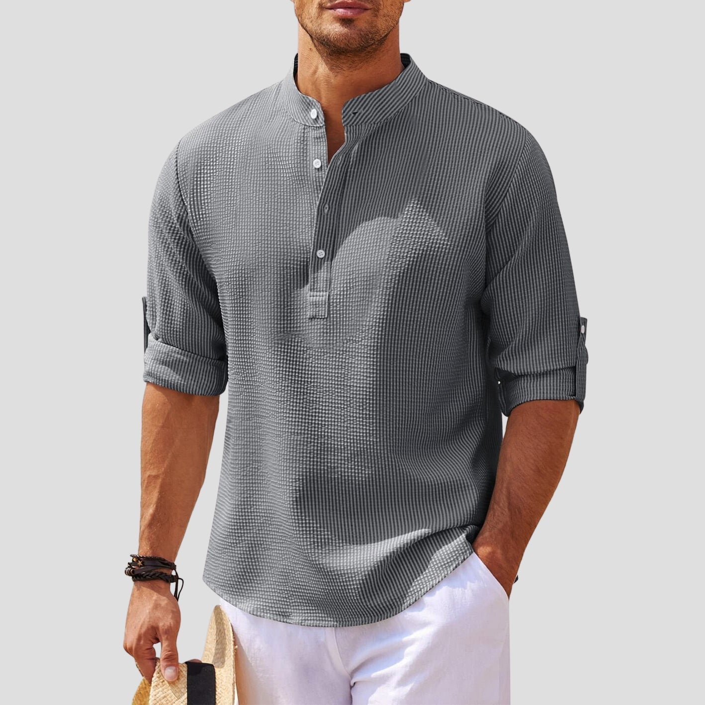 Jomar - Elegante camisa de manga larga con cuello mandarín y botones
