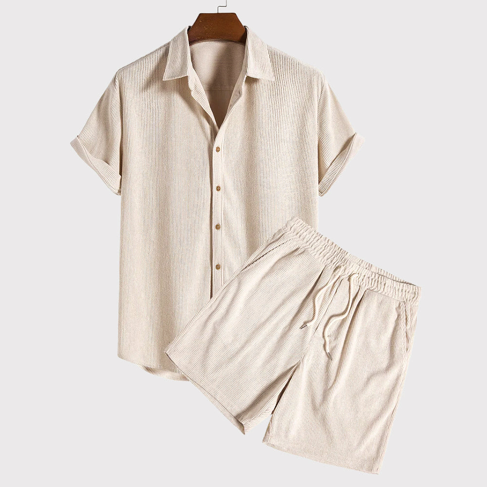 Leonard - Conjunto casual de camisa abotonada de manga corta y pantalón corto con cordón
