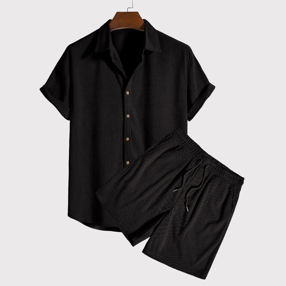 Leonard - Conjunto casual de camisa abotonada de manga corta y pantalón corto con cordón