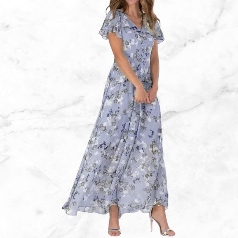 Roswen - Elegante maxivestido floral con cuello en V y volantes