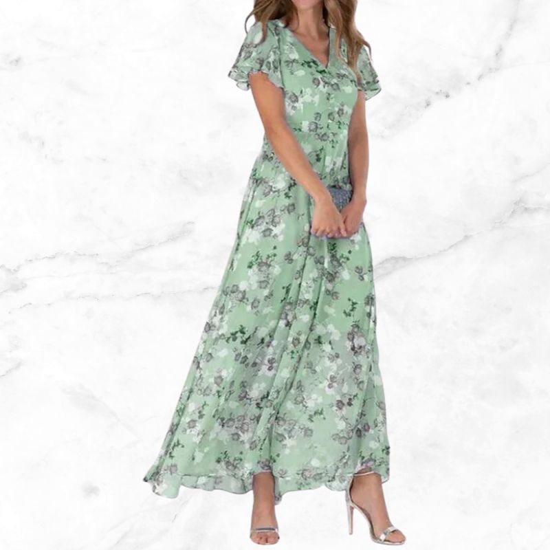 Roswen - Elegante maxivestido floral con cuello en V y volantes