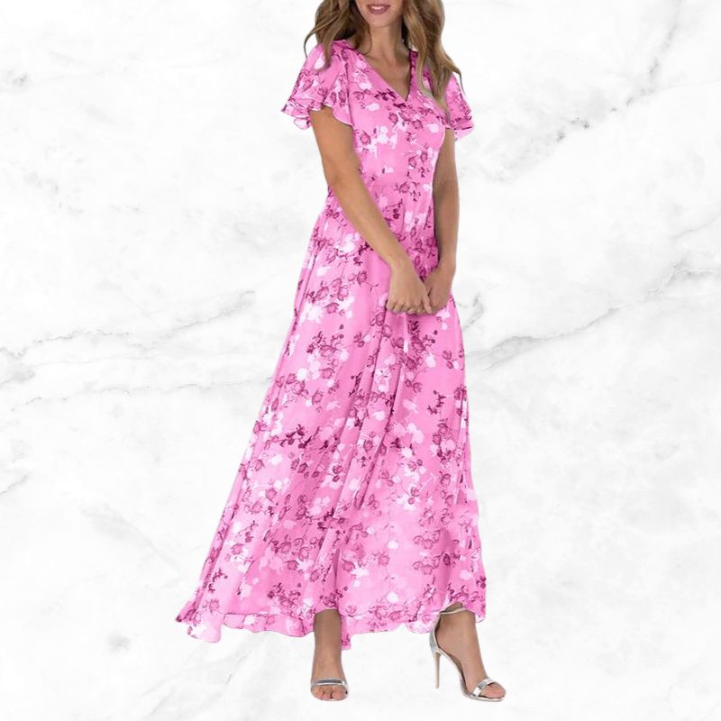 Roswen - Elegante maxivestido floral con cuello en V y volantes