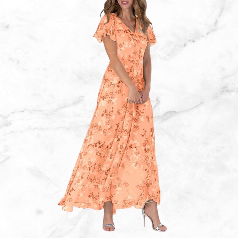Roswen - Elegante maxivestido floral con cuello en V y volantes