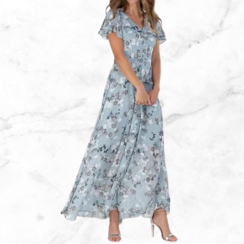 Roswen - Elegante maxivestido floral con cuello en V y volantes