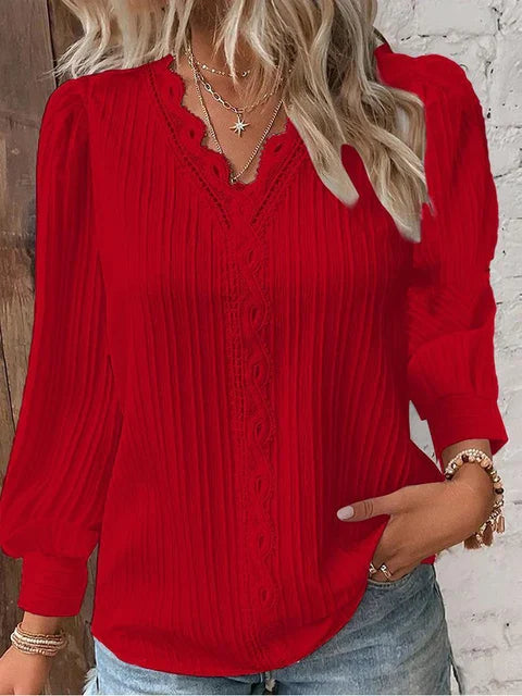 Natalina - Elegante blusa de punto con cuello en V y manga larga