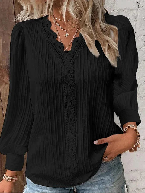 Natalina - Elegante blusa de punto con cuello en V y manga larga