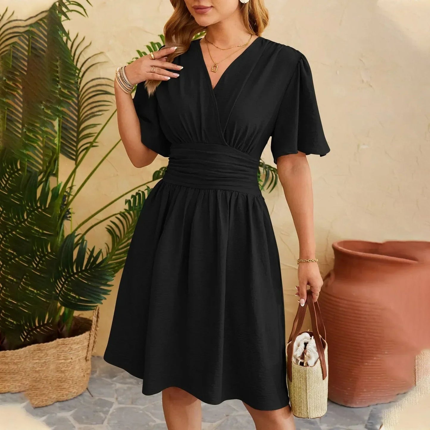 Oliviana - Elegante vestido midi de manga corta con cuello en V