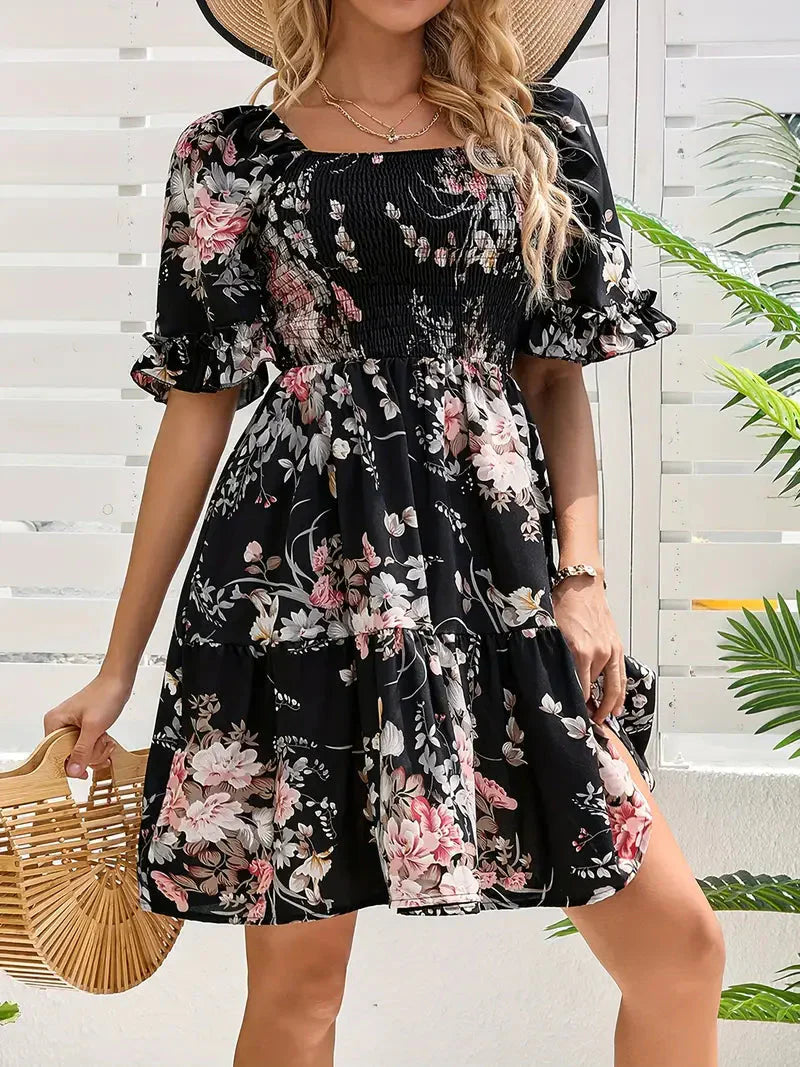 Cathleen - Elegante minivestido floral con mangas de volante