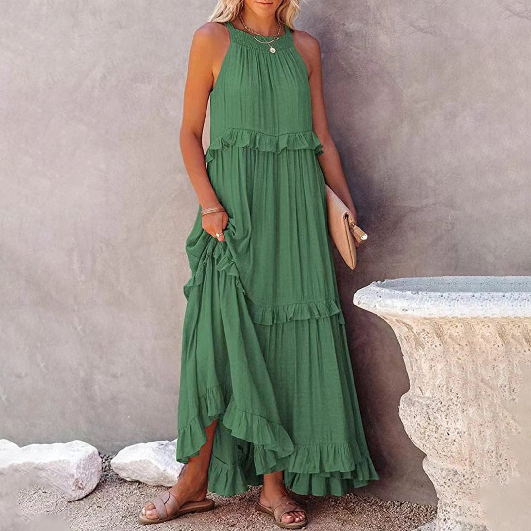 Alaina - Elegante maxi vestido sin mangas con volantes