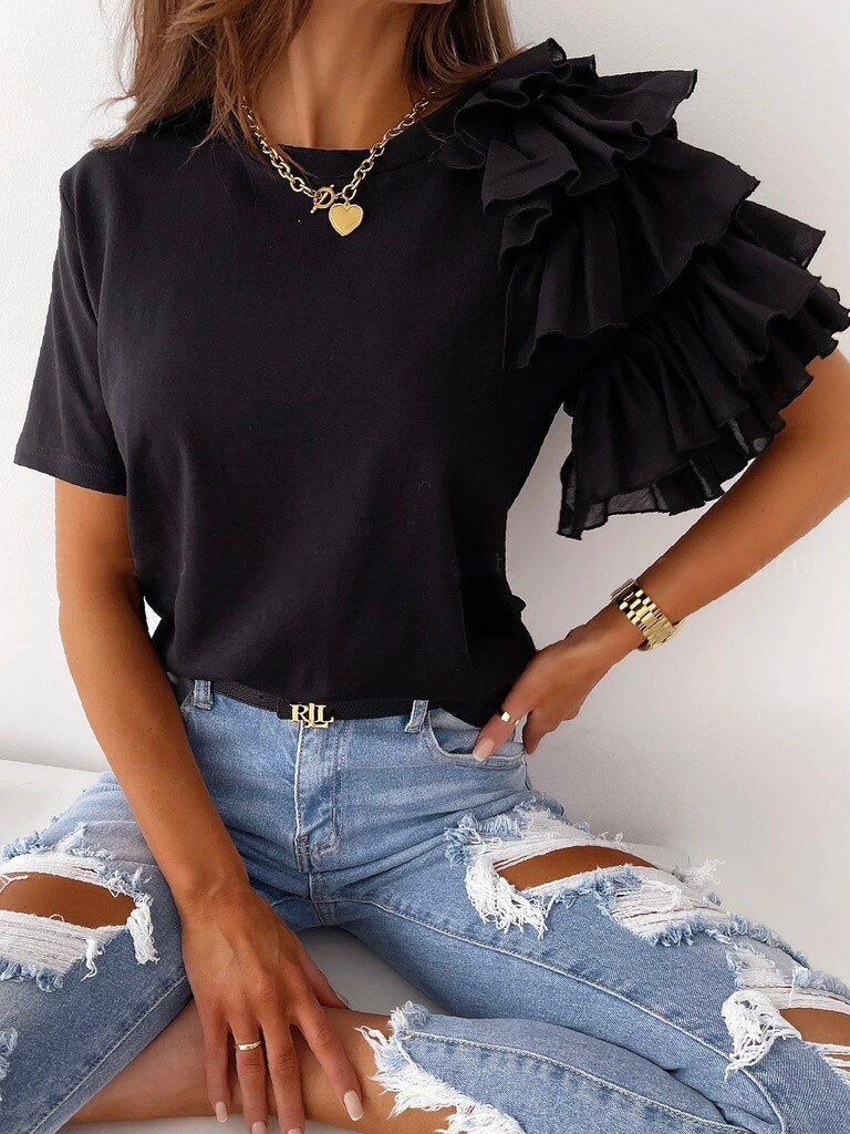 Gianna - Elegante blusa de manga corta con volante a capas