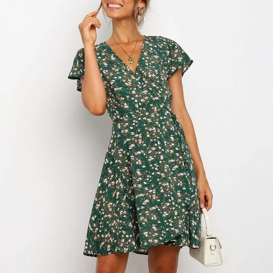 Belen - Vestido Bohemio Estampado Flores Cuello en V para Mujer
