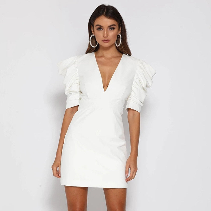 Yuliana - Vestido blanco con mangas abullonadas y escote en v