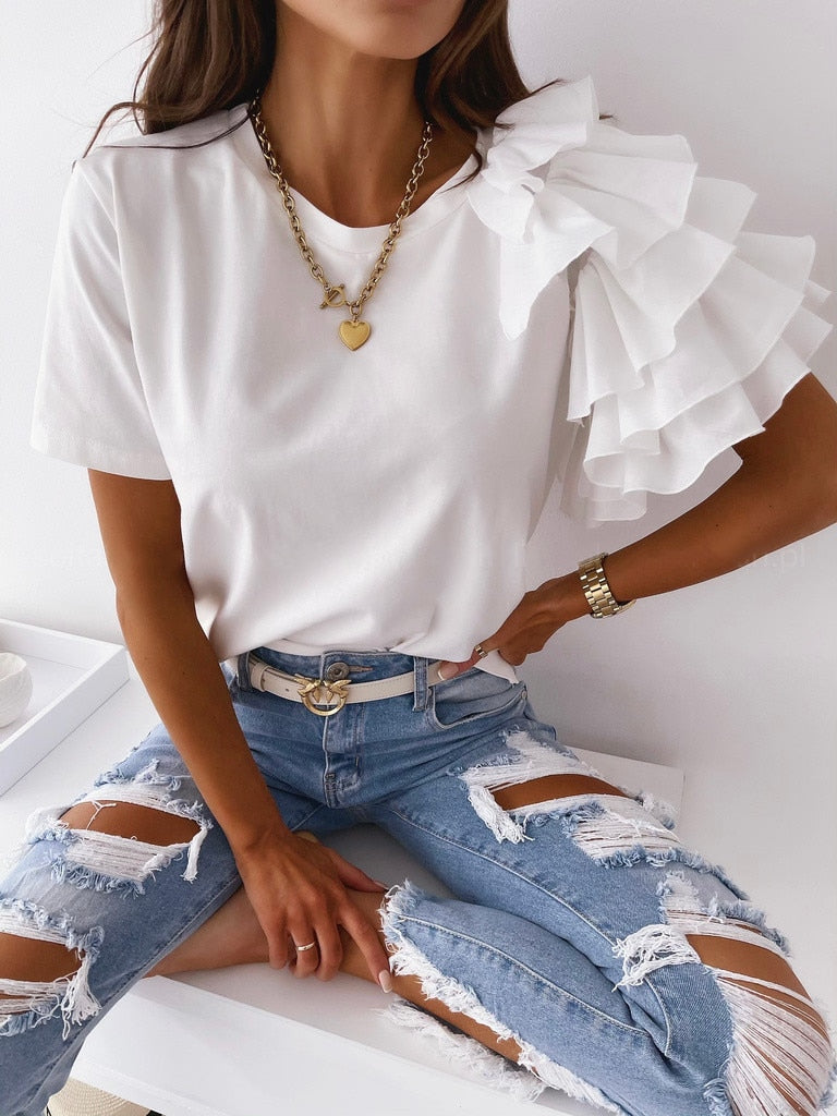 Gianna - Elegante blusa de manga corta con volante a capas