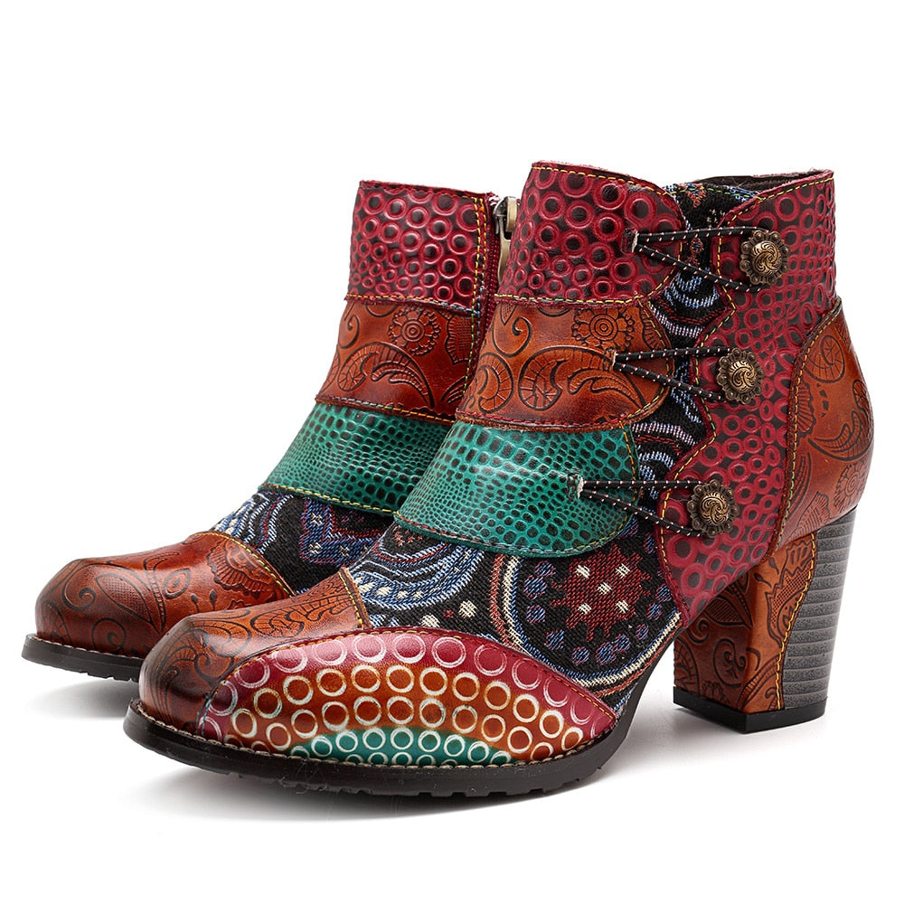 Grace - Botines Gracosy De Cuero Autentico Estampado Vintage