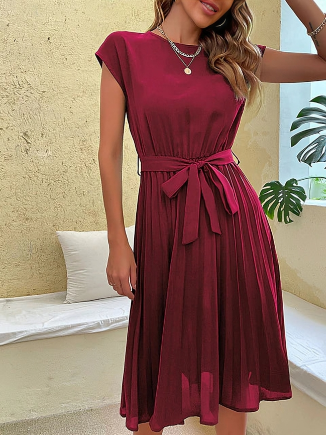 Celine - Vestido chic de manga corta con cinturón de corbata