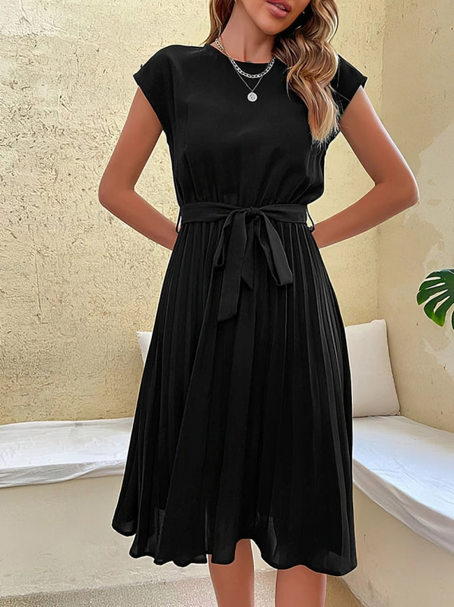 Celine - Vestido chic de manga corta con cinturón de corbata