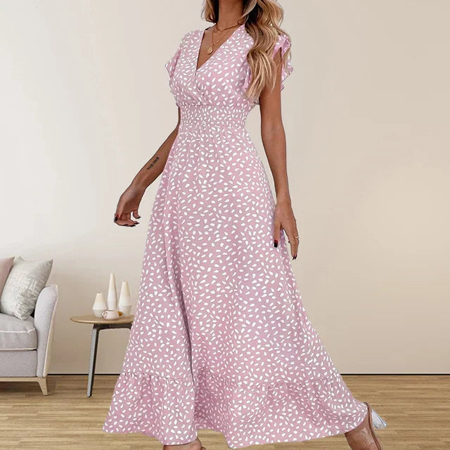 Hannelie - Elegante vestido largo de gasa sin mangas y escote en V con volante
