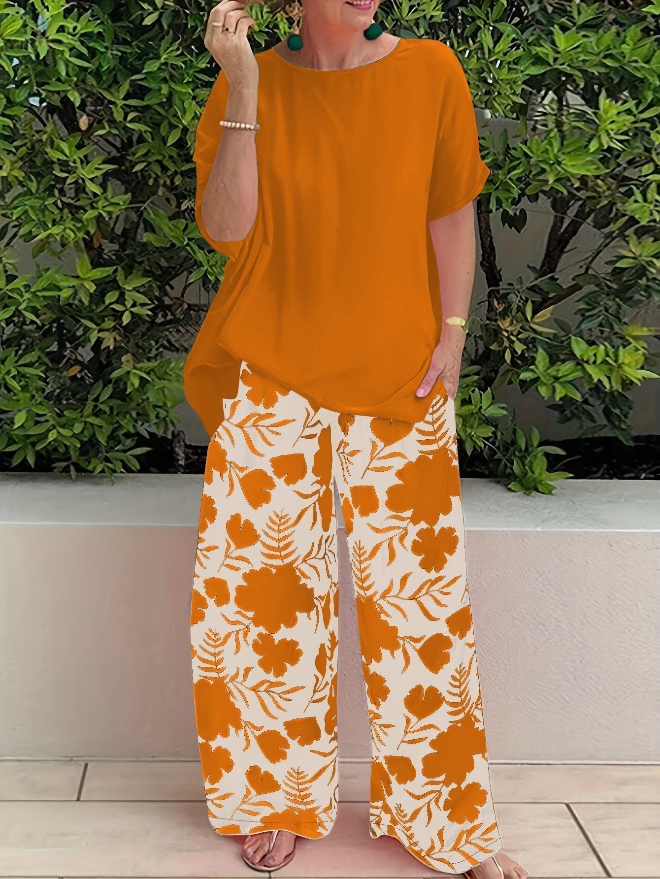 Jennifer - Conjunto casual de blusa suelta y pantalón floral