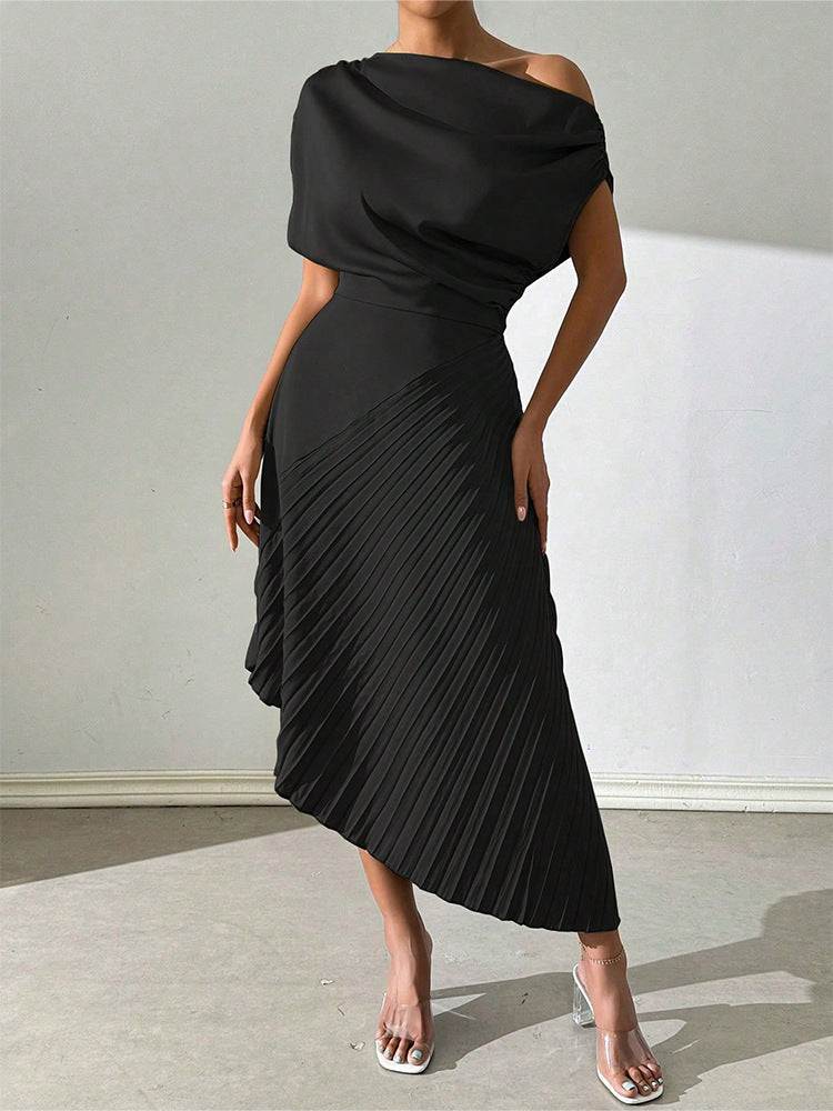 Arianna - Elegante vestido midi asimétrico con hombro descubierto y bajo inclinado