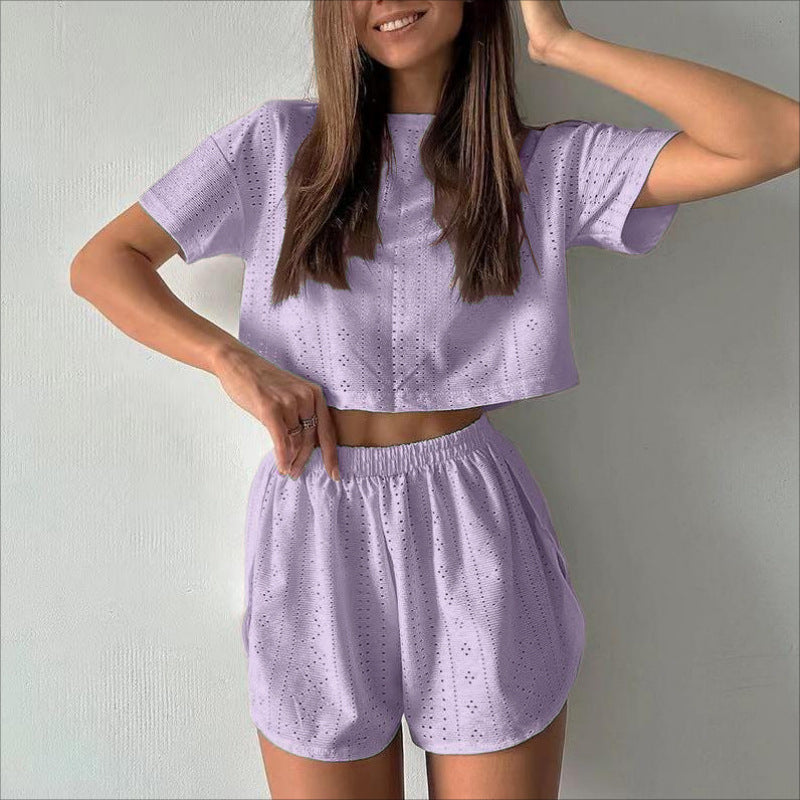 Briselle - Conjunto elegante de top corto con mangas cortas y pantalones cortos con ojales