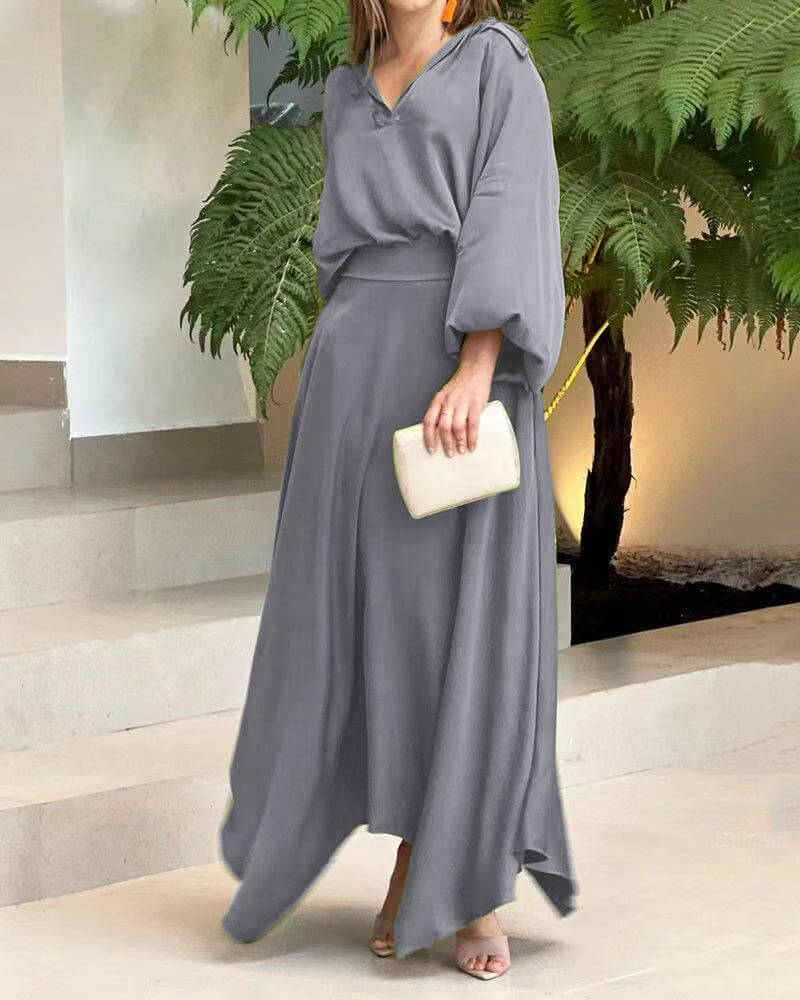 Olivine - Elegante maxivestido suelto de manga larga
