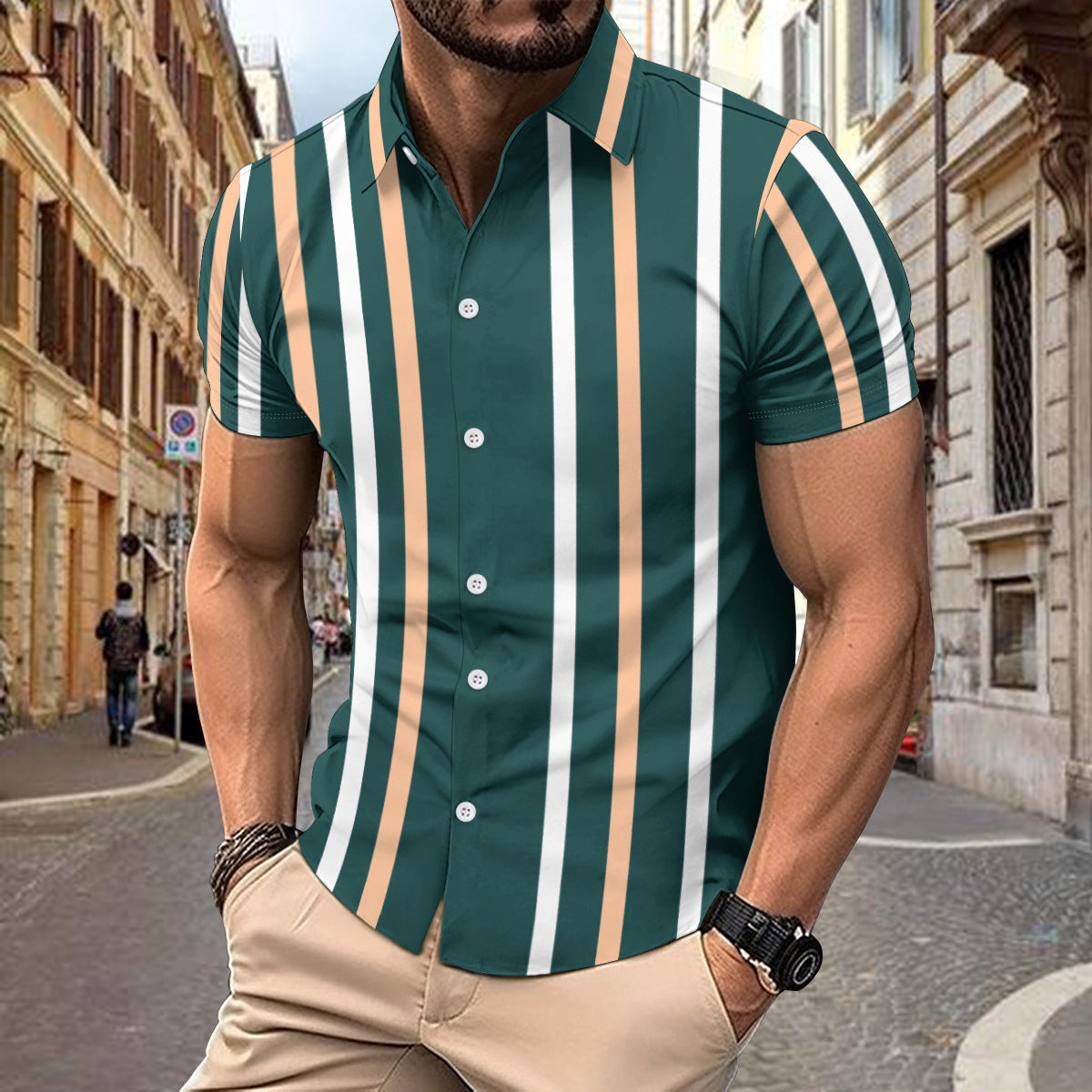 Caiden - Polo slim fit de rayas con botones y manga corta para hombre