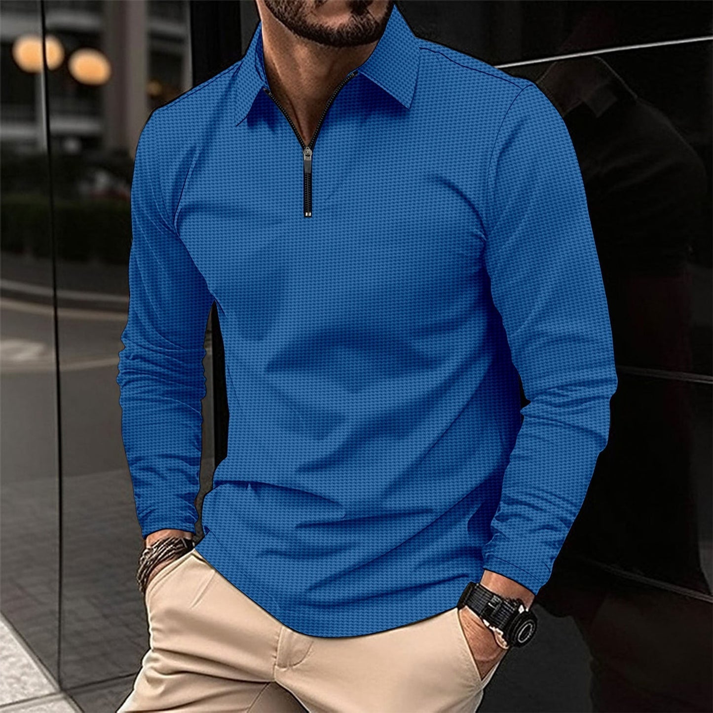 Alvar - Camisa casual slim fit de manga larga con cremallera para hombre