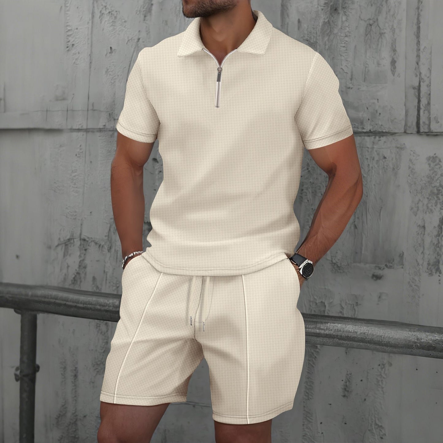 Almir - Conjunto casual de polo con medio cierre y shorts para hombre