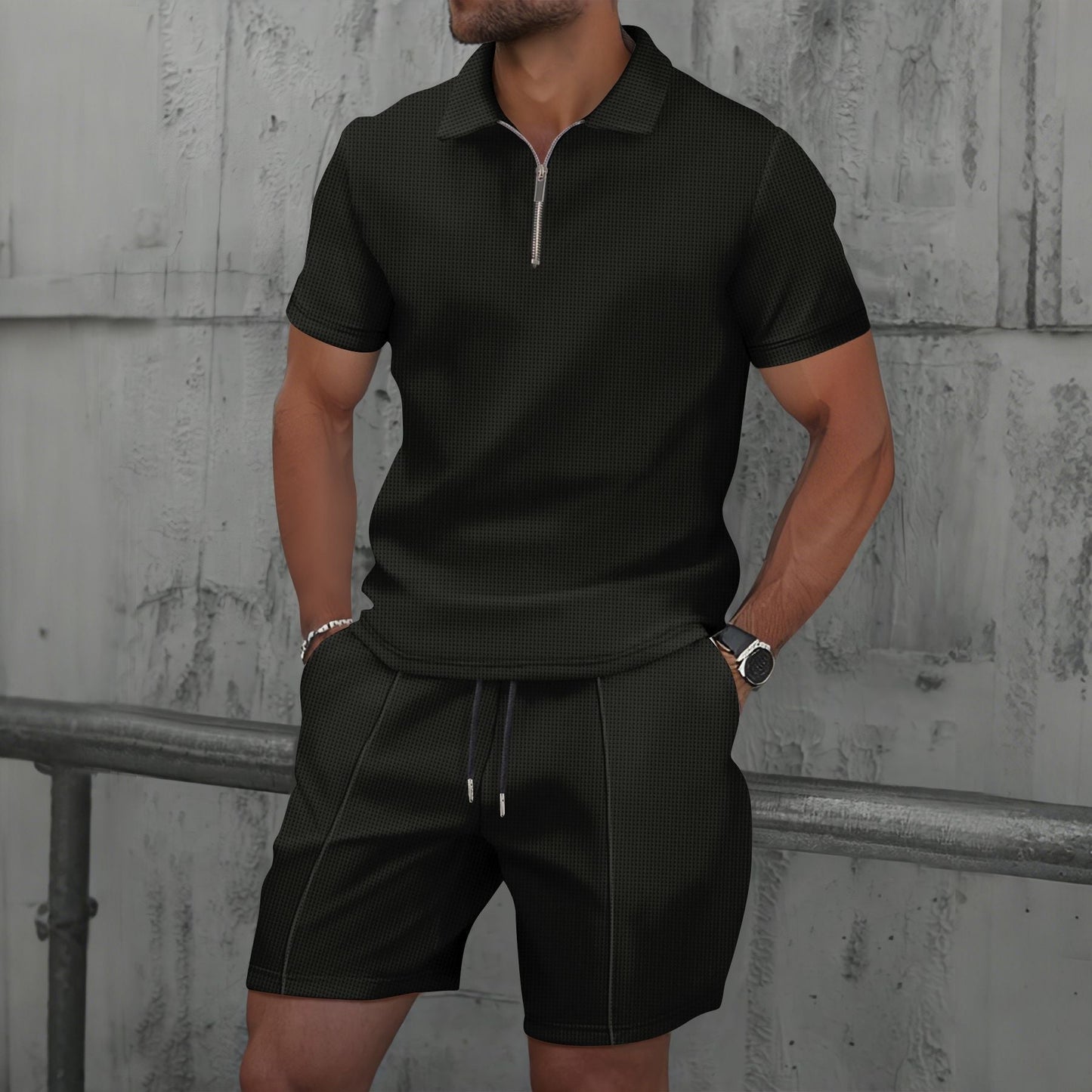 Almir - Conjunto casual de polo con medio cierre y shorts para hombre