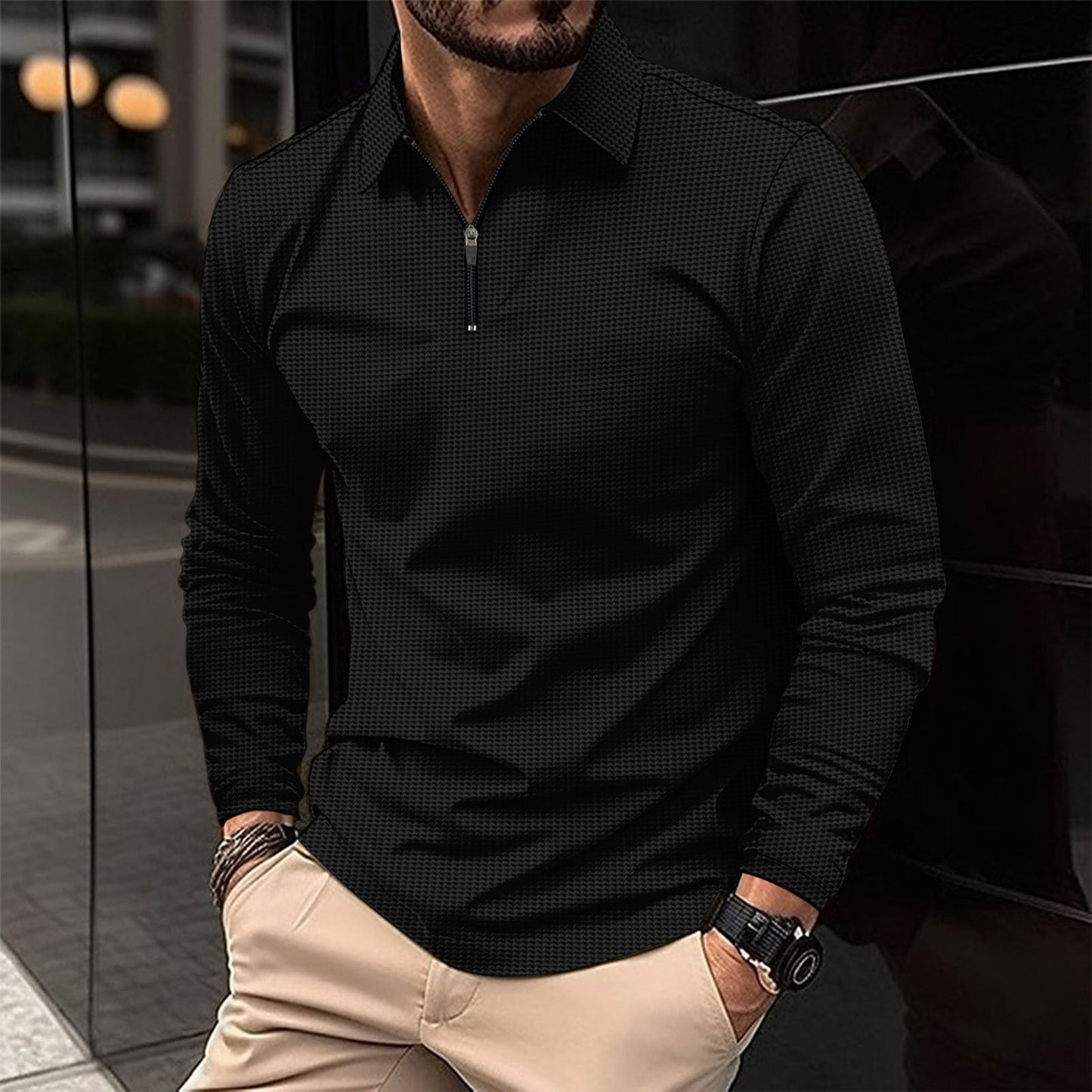 Alvar - Camisa casual slim fit de manga larga con cremallera para hombre